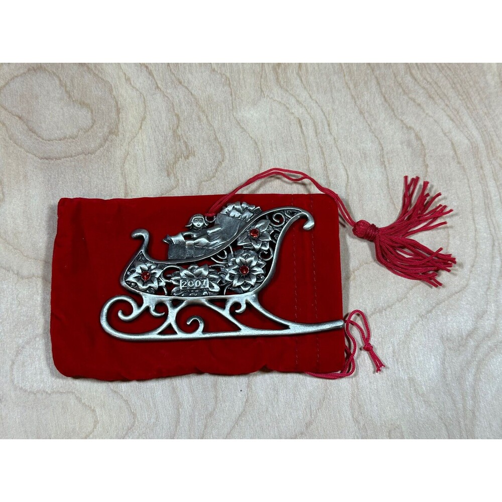 Santa's Sleigh Metal Pewter Christmas Ornament 2007 AVON Red Jeweled 4" RARE